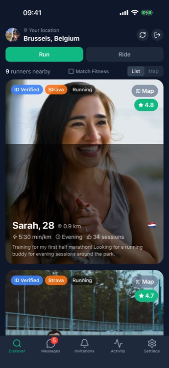 Discover screen showing a nearby runner's profile card