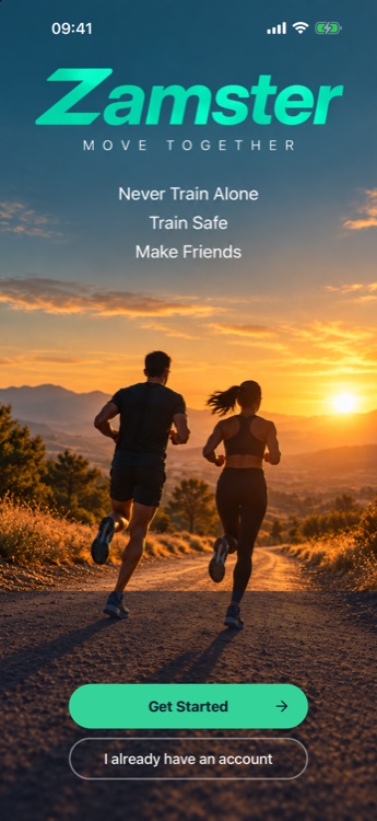 Zamster welcome screen — Never Train Alone, Train Safe, Make Friends