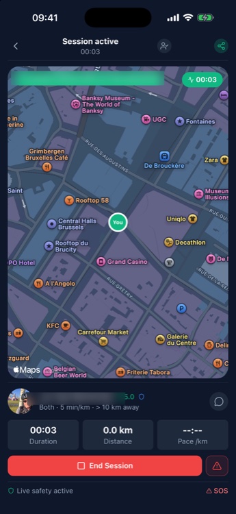 Live map screen showing an active training session with route and stats