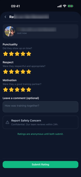 Post-session rating screen with punctuality, respect and motivation stars