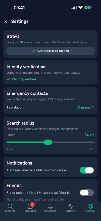 Settings screen showing identity verification, Strava connection and emergency contacts